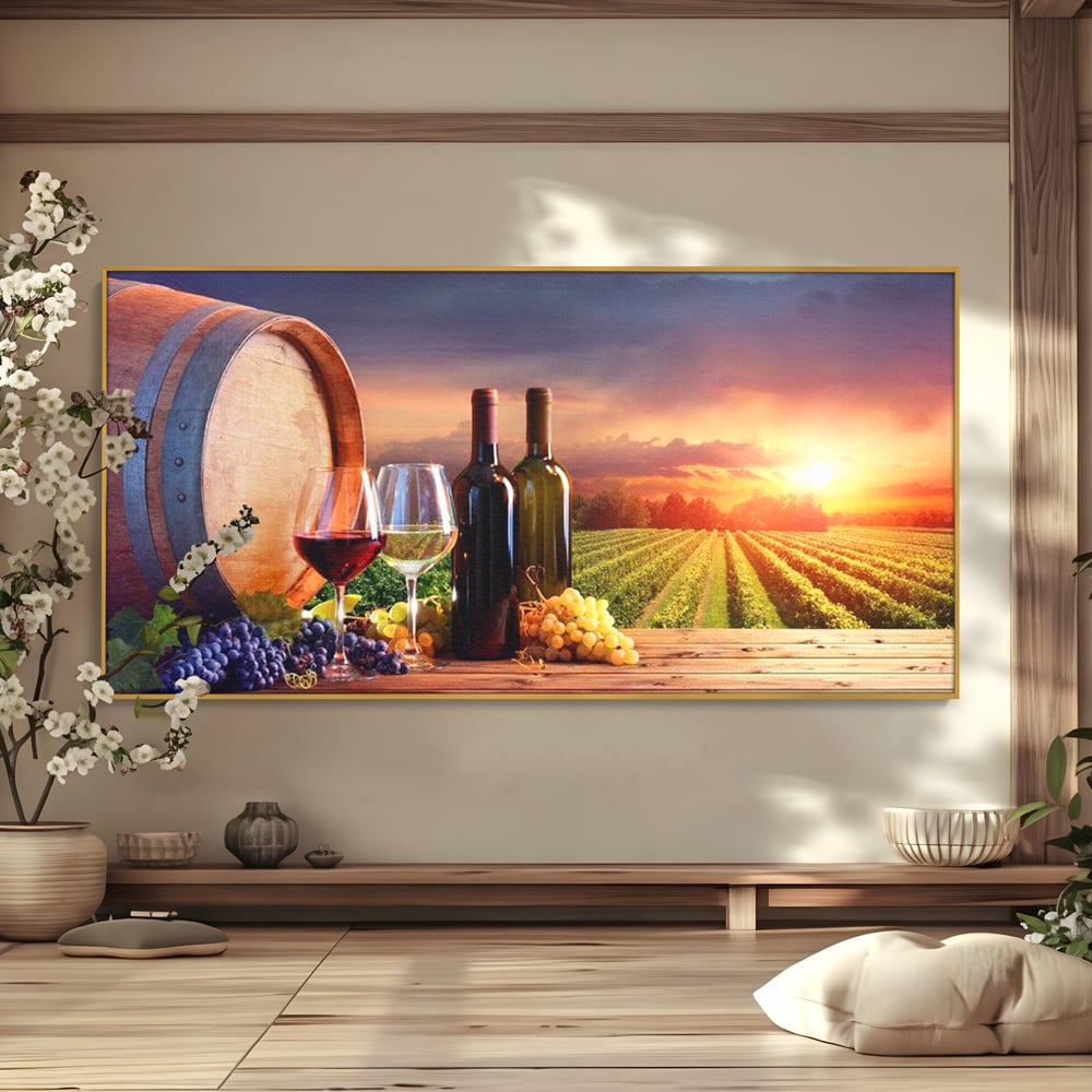Tablou canvas cu tablou canvas cu podgorie si vin, in rama de aluminiu auriu